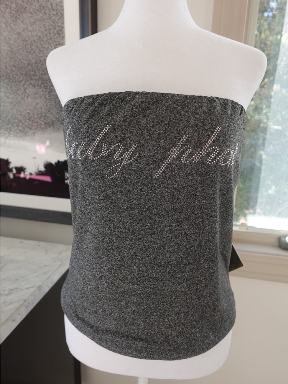 Baby Phat Strapless Rhinestone Logo Tube Top Grey